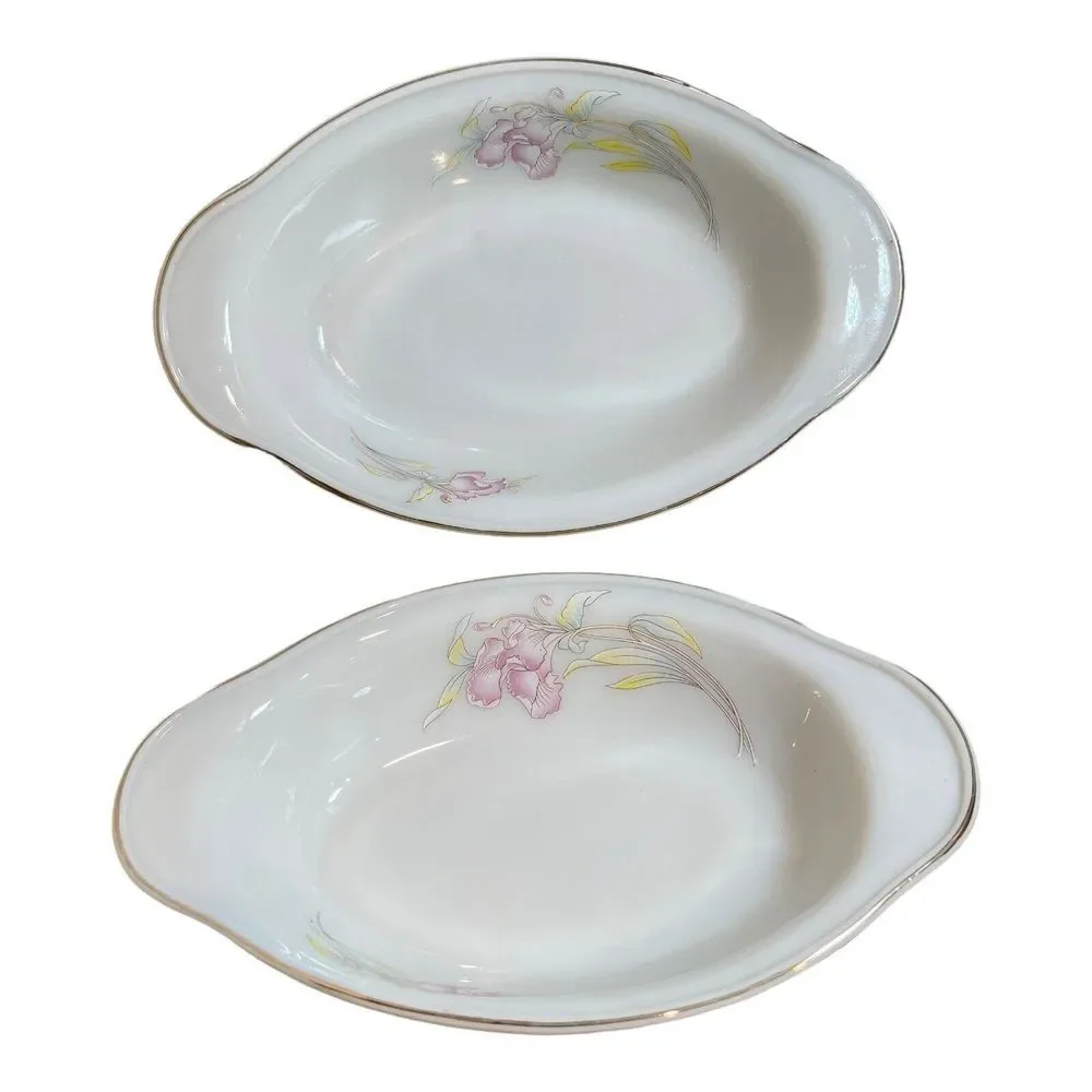 VTG Pair Acropal France Relish Dishes 10.5 Inch Victoria Oval Milk Glass Floral